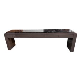 Thomas Fetherston Brown Lacquer Five Felt-Lined Drawer Marble Top Sideboard / Console Table