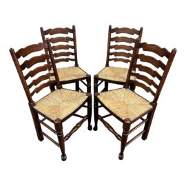 Vintage English Reproduction Ladderback + Rush Seat Dining Chairs, Set of Four