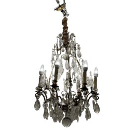 Antique Franch Six Light Crystal + Brass Chandelier
