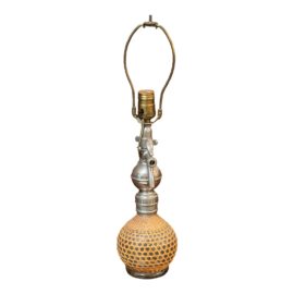 Antique Wicker Seltzer Metal + Glass Bottle Table Lamp