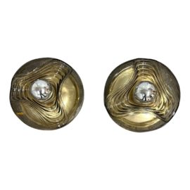 Peill & Putzler Brass & Smoked Glass Large Sconce Flush Mount Sconces, Pair. Original Price: $2,100