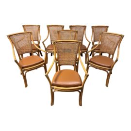 Palecek Bamboo, Leather + Cane Back Dining Room Arm Chairs, Set of Eight