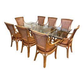 Palecek Bamboo Dining Room Table + Eight Cane Backed Arm Chairs