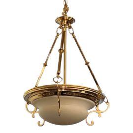 Vintage Alabaster + Brass Hanging Bowl Chandelier