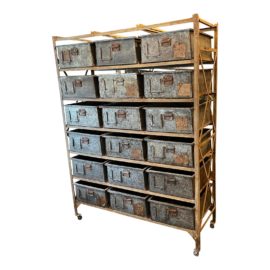 Vintage 18 Sangham Storage Bins + Frame on Casters. Original Price: $5,000