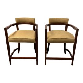 Custom Design Mahogany + Tan Wool/Silk Counter Stools, a Pair. Original Price: $4,800