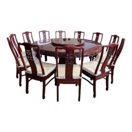 Vintage Rosewood Round Pedestal Table + Lazy Suzan + 12 Dining Side Chairs Set
