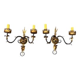 Early 20th Century Two-Light Gilt Metal Wall Sconces, a Pair