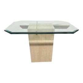 Late 20th Century Travertine + Brass Glass Top Side Table