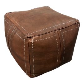 Tazi Designs Brown Leather Topstitched Moroccan Pouf. Original Price: $380