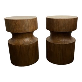 Brownstone Laguna Drum Solid Teak Side Tables, a Pair. Original Price: $3,756