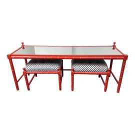 Vintage Mirrored Top Console + Pair of Stools Set