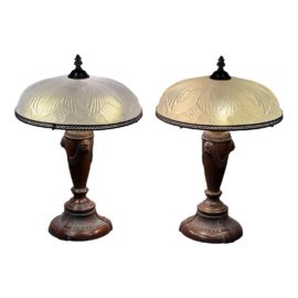 Art Deco Table Lamp With Etched Metal + Glass Lamp Shades, a Pair