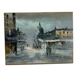 Vintage Painting Street Scene of European City in Winter