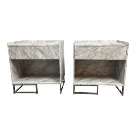 Acme Furniture Aural White Printed Faux Marble + Chrome Nightstands, a Pair. Original Price: $350