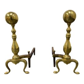 Vintage Brass Cannonball Andirons, a Pair