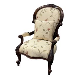 Victorian Carved Wood Slipper Chair With Cream Silk Upholstery + Pillow