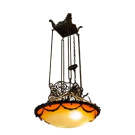 Antique Imported Antique Iron Chandelier With Ombre Painted Glass Dome. Original Price: $6,000