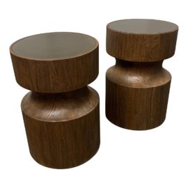 NEW Brownstone Laguna Drum Solid Teak Side Tables, a Pair. Original Price: $3,756