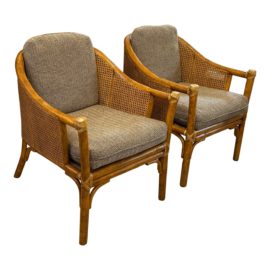 McGuire Barrel Back Caned Arm Chairs, a Pair