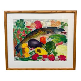 Elizabeth Mitchell "Market Day" Silk Painting, Framed