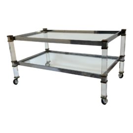 1970's Romeo Rega Lucite + Chrome + Glass Coffee Table + Casters