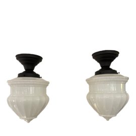 Rejuvenation Thurman Flush Mounts With Opal Fluted Doric Acorn Glass, a Pair. Original Price: $480