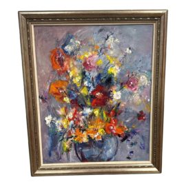 Vintage Still Life Palette Knife Flowers in Vase Painting
