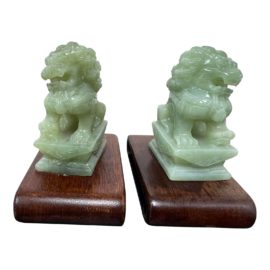 Vintage Green Jade Carved Fu Dogs + Stands
