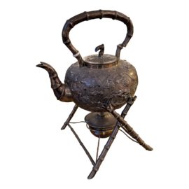 19th Century Silver Chinese Tea Kettle + X-Base Stand