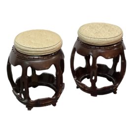 Vintage Chinese Rosewood Stools + Cushions, a Pair