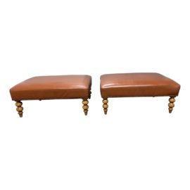 Brown Leather Ottomans + Nailhead Trim + Wooden Turned Legs, a Pair