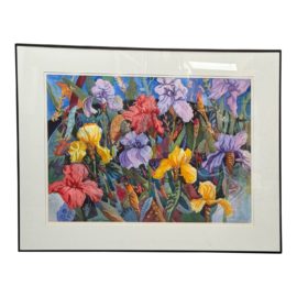 Iris in Bloom Original Watercolor Painting, Framed