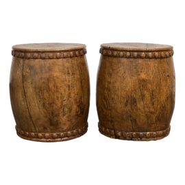 Vintage Aged Drum Foot Stools, a Pair