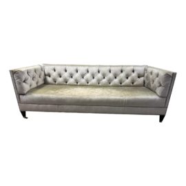 Councill Taupe Velvet Tufted Chestfield Sofa. Original Price: $7,000