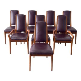 Randolph & Hein Modern Walnut + Aubergine Leather Dining Chairs, Set of Eight