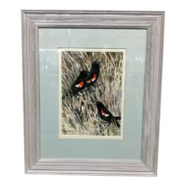 Dougherty Red-Tipped Wing Blackbird Watercolor Painting, Framed