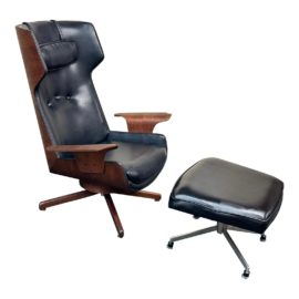 Mid 20th Century Plycraft George Mulhauser Molded Plywood + Leather Lounge Chair + Ottoman
