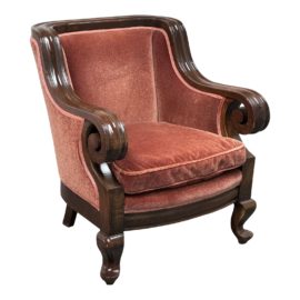 Antique Wood + Mohair Scrolled Arm Chair