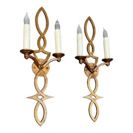 Antiqued Brass Double Arm 'Helix' Wall Sconces, a Pair