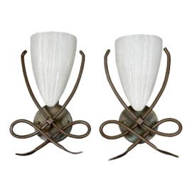 Art Deco Style Frosted Shade Bronze Finish Wall Sconces, a Pair. Original Price: $1,000