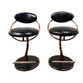 Design Institute of America Black Leather + Copper Toned Bar Stools, a Pair