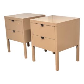 Custom Design Tan Lacquered Two Drawer Nightstands, a Pair