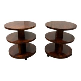 Epoca Three Tier Mahogany Round Side Tables, a Pair