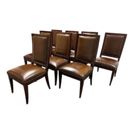 Restoration Hardware Brown Leather + Nailhead Trim Dining Chairs, Set of Eight