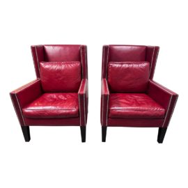 Steven Anthony for Plantation Home Montecito Scarlet Leather Wing Back Chairs, a Pair. Original Price: $6,100