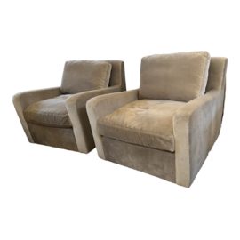 Restoration Hardware Belgian Slope Arm Velvet Swivel Chairs, a Pair. Original Price: $3,800
