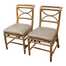 McGuire Regency Leather Wrapped Bamboo Dining Chairs, a Pair