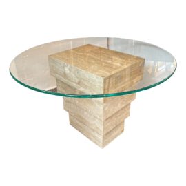 Contemporary Stacked Travertine + Glass Table