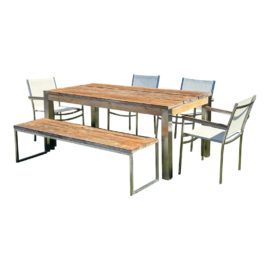 Mamagreen Oko Outdoor Teak Casual Dining Table + Bench + 4 Chairs Set. Original Price: $6,000